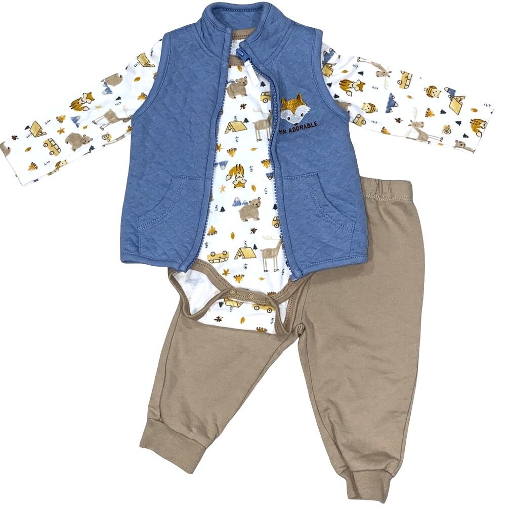 Baby Boy 3-Piece Outfit Woodland Animals Long Sleeve Bodysuit Vest Pants 6-9M